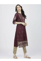 Cheera Embellished Daily Wear Cotton Blend Kurta - Dark Brown | Grocsy