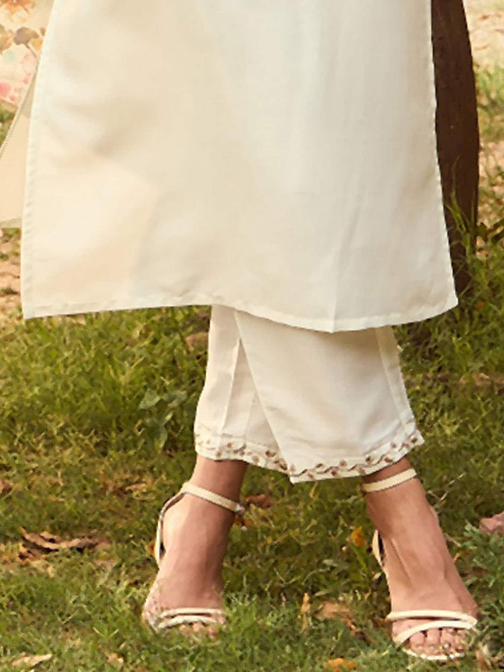 Indo Era White Floral Yoke Design Tie-Up Neck Straight Kurta With Trousers & Dupatta | Grocsy