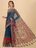 Sangria Ethnic Motif Printed Pure Linen Saree | Grocsy