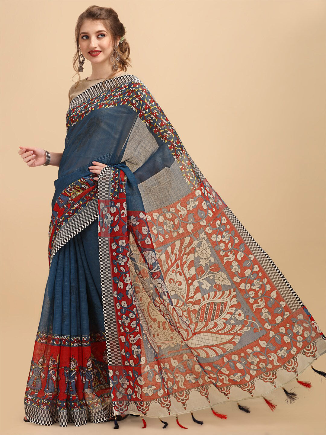 Sangria Ethnic Motif Printed Pure Linen Saree | Grocsy