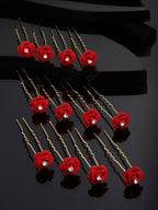 Panash Women Gold-Toned & Red Rose Embellished U Pins | Grocsy