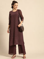 All About You Women Brown Ethnic Motifs Embroidered Regular Chikankari Kurta with Palazzos | Grocsy