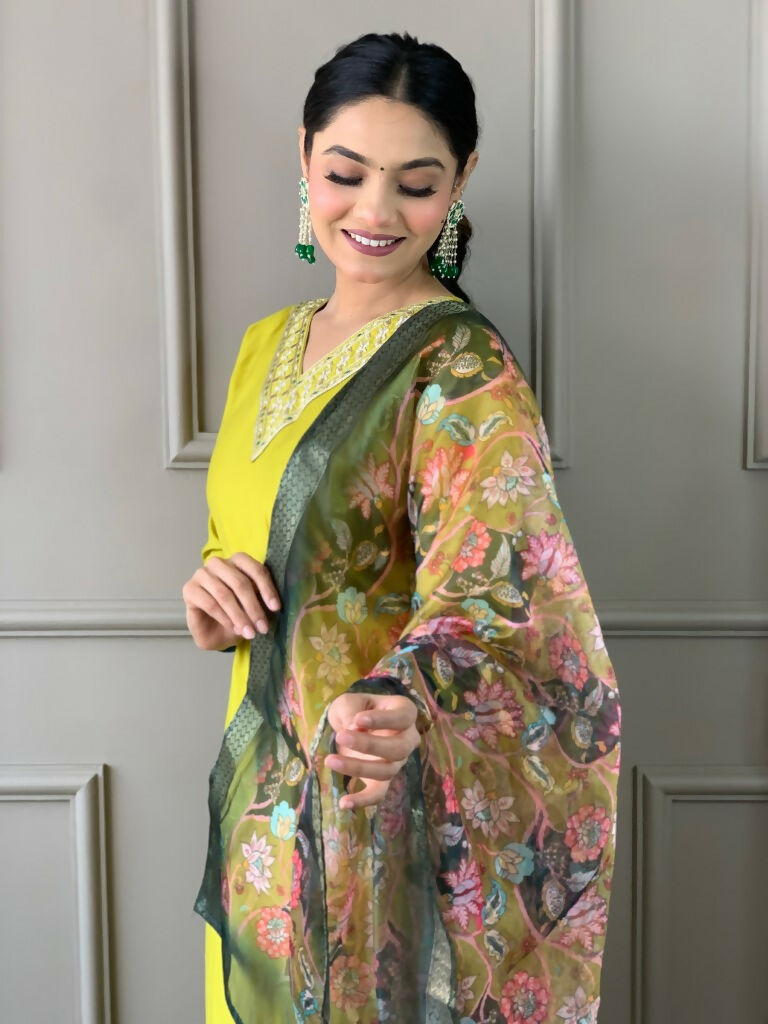 Partywear Designer Lemon Yellow Viscos Chanderi Stitched Suit With Dupatta - Tanisha | Grocsy