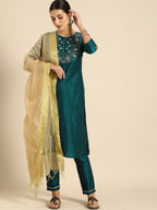 All About You Women Green & Gold-Toned Embroidered Sequinned Kurta with Trousers & Dupatta | Grocsy