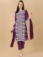 HERE&NOW Floral Embroidered Chikankari Kurta with Trousers & Dupatta | Grocsy