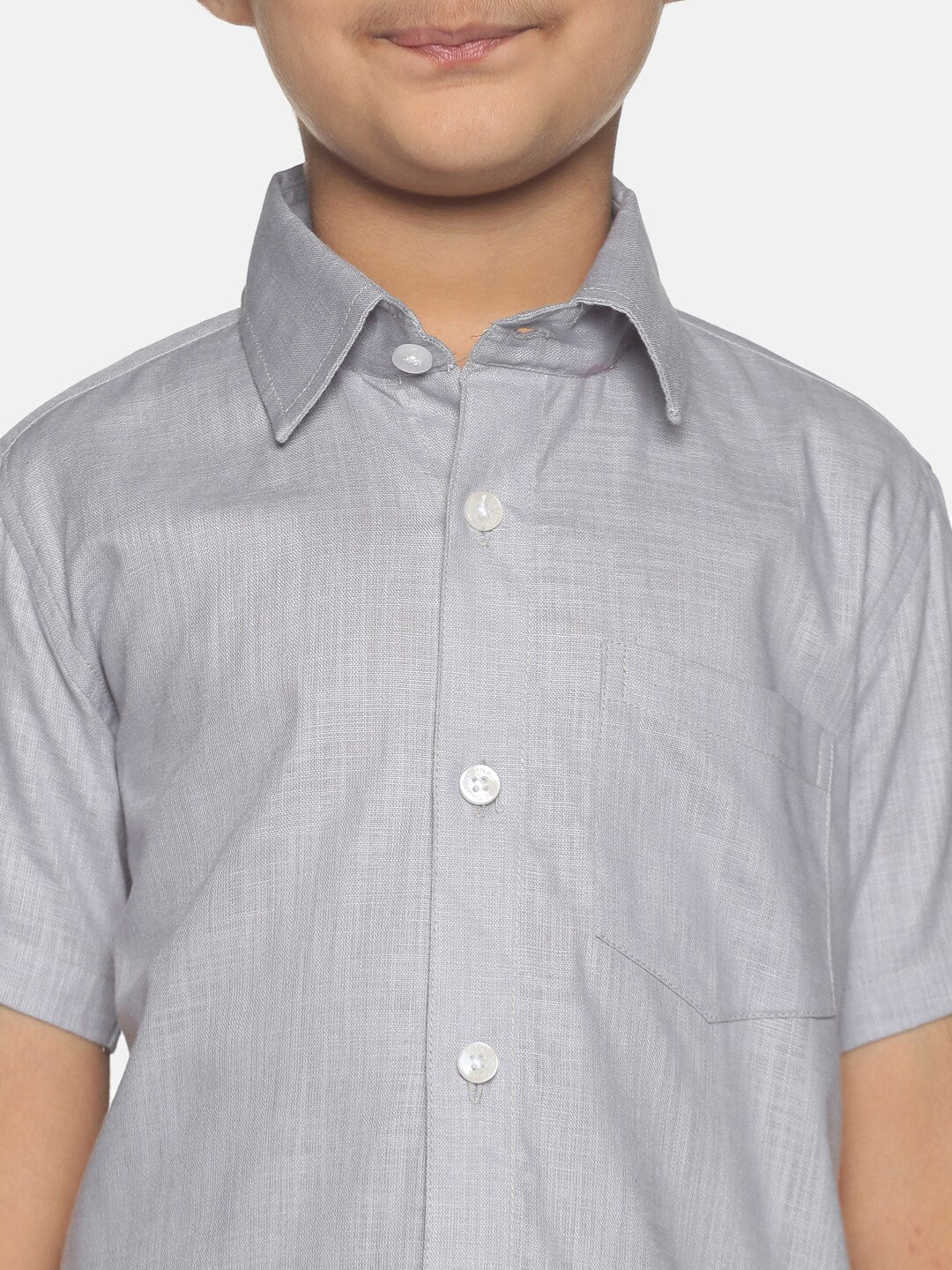 Sethukrishna Boys Grey & White Pure Cotton Shirt With Veshti Set | Grocsy