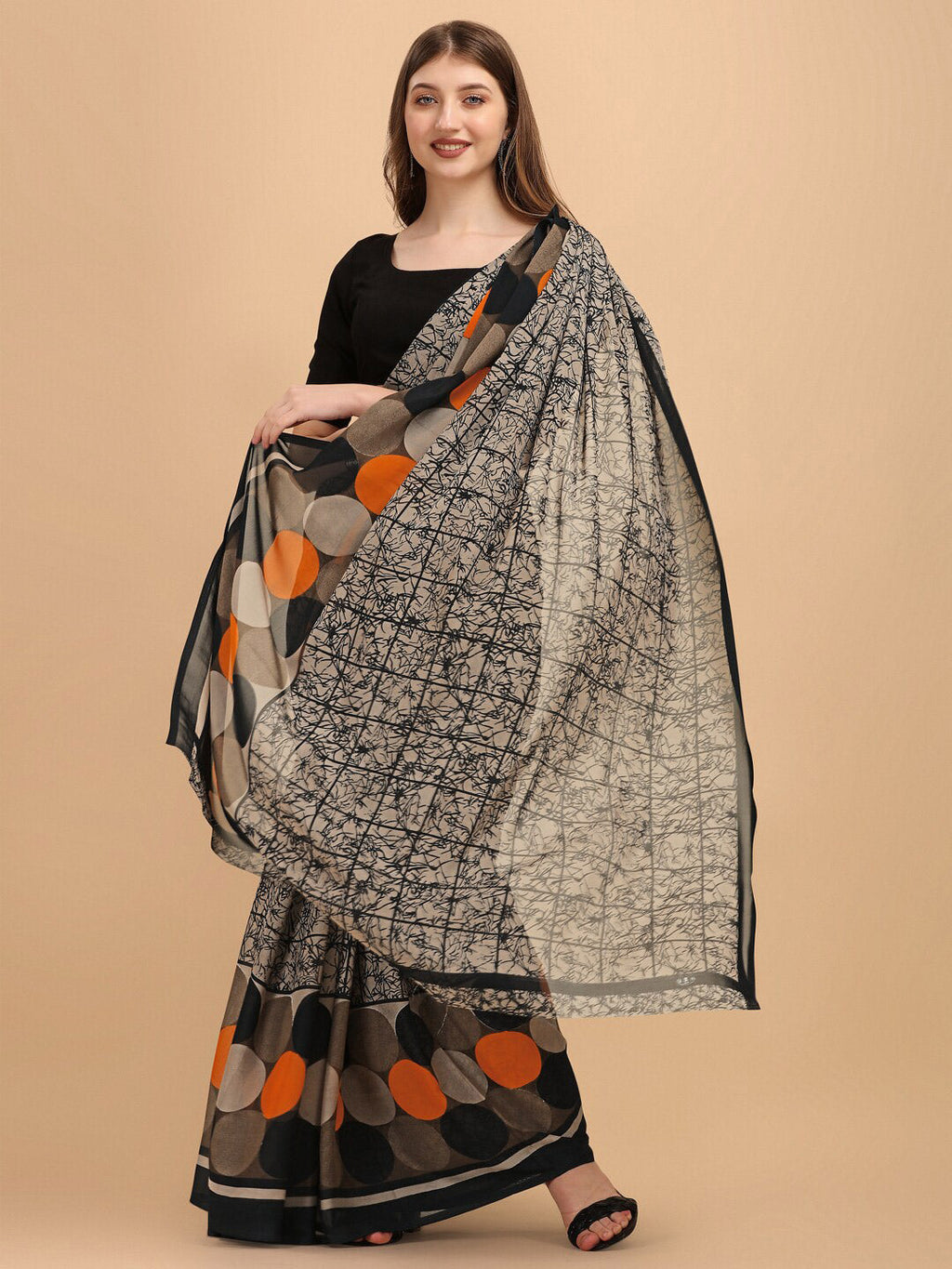 Sangria Black & Beige Pure Georgette Saree | Grocsy
