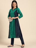 All About You Women Green & Navy Blue Colourblocked Kurta with Trousers | Grocsy
