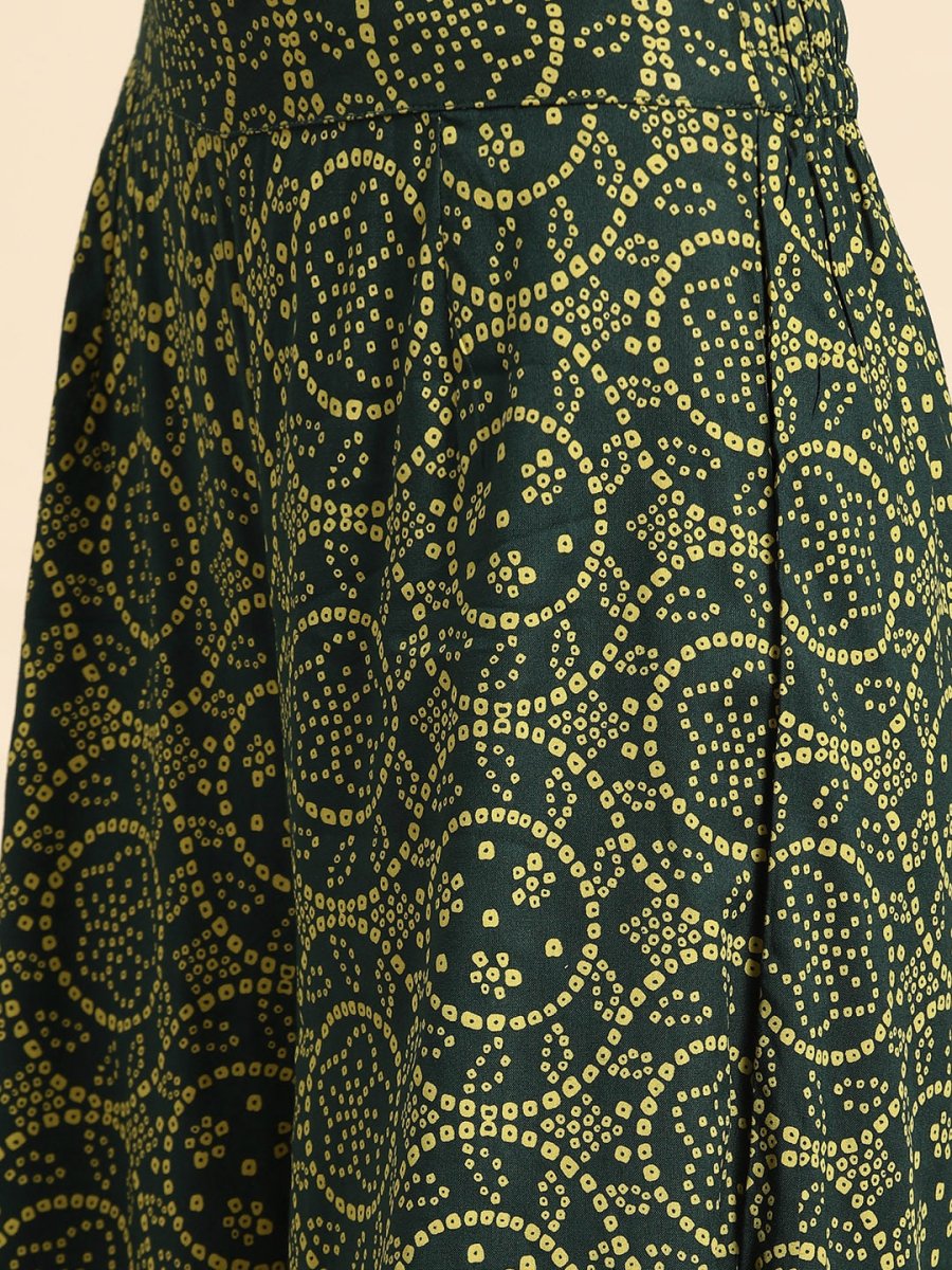 All About You Women Green Bandhani Printed Gathered Sequinned Kurti with Palazzos | Grocsy