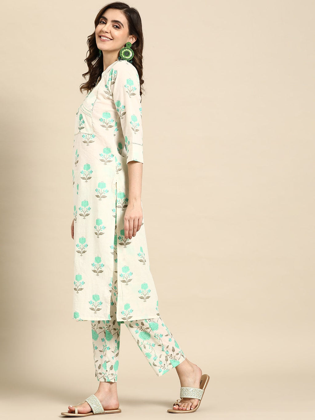 Sangria Floral Printed Angrakha Sequinned Pure Cotton Kurta With Trousers | Grocsy