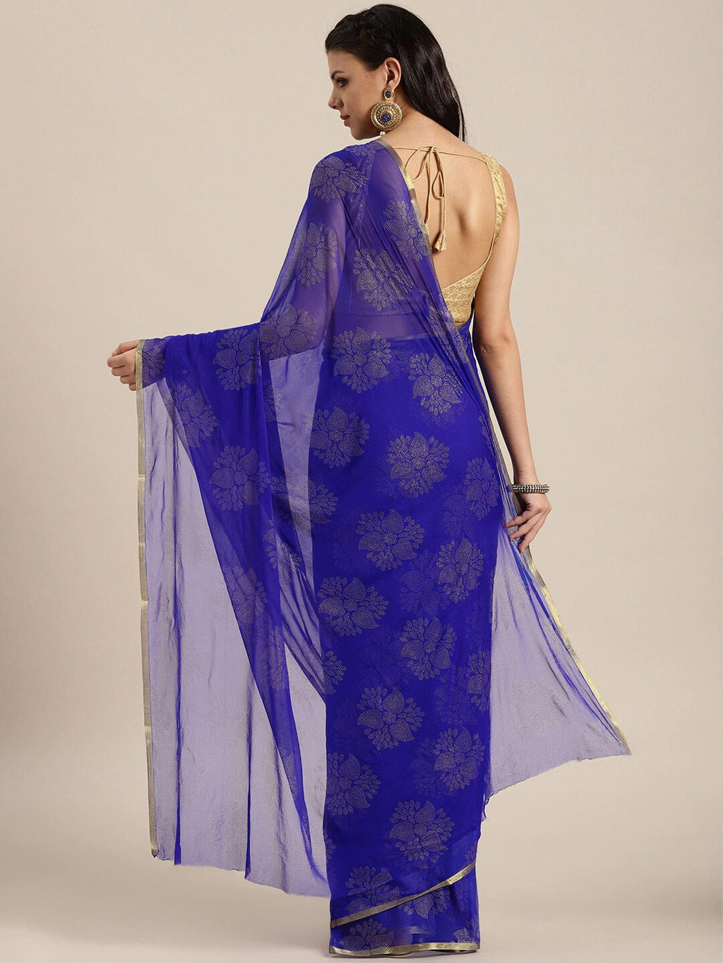 Saree Mall Blue & Gold-Toned Ethnic Motifs Sarees | Grocsy