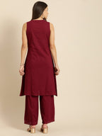 All About You Women Maroon Self Design Pure Cotton A-Line Kurta with Palazzos | Grocsy