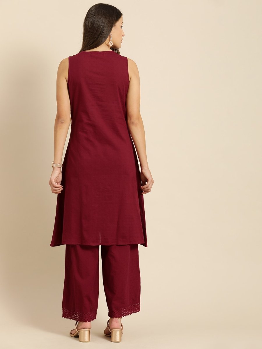 All About You Women Maroon Self Design Pure Cotton A-Line Kurta with Palazzos | Grocsy