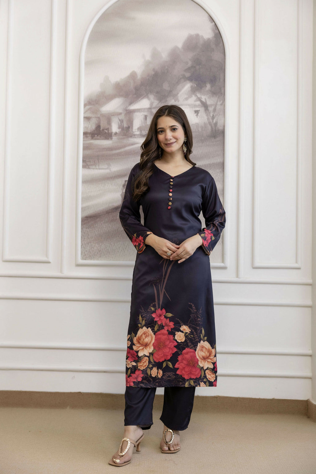 The52 Women's Beautiful Soft Assam Fabric Printed Work A-line Kurta Pant and Dupatta Set | Grocsy