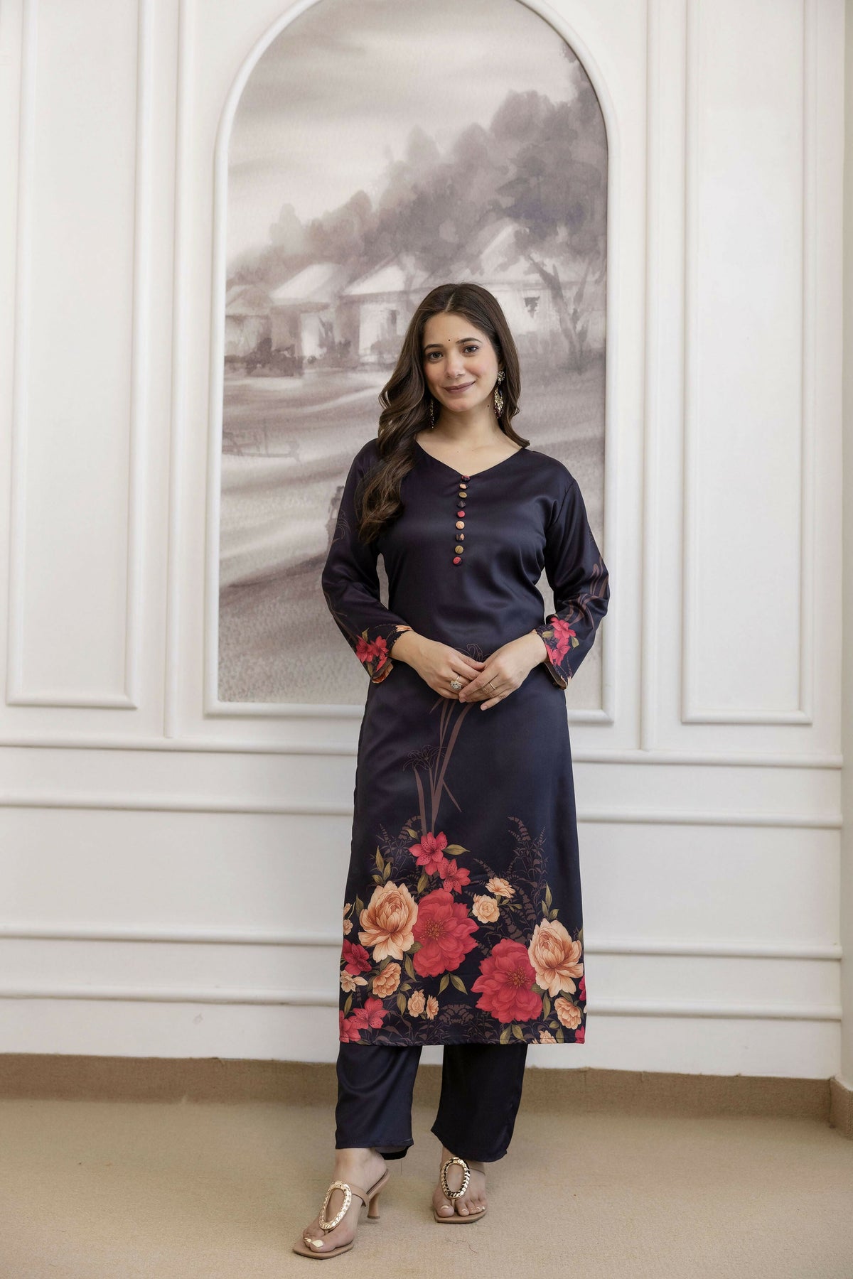 The52 Women's Beautiful Soft Assam Fabric Printed Work A-line Kurta Pant and Dupatta Set | Grocsy