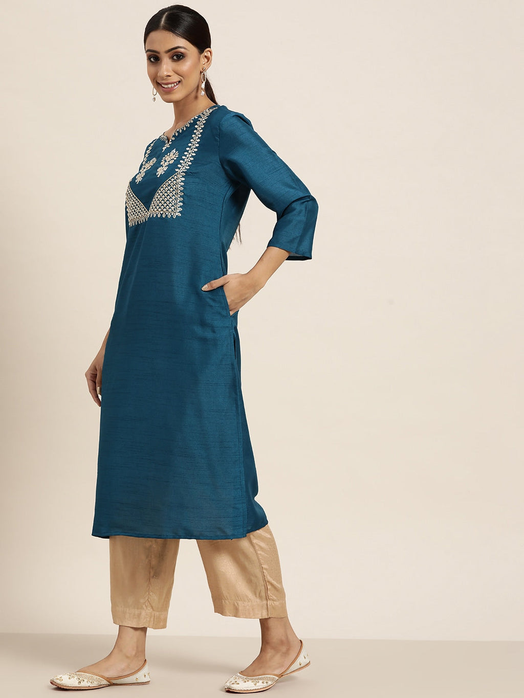 Sangria Women Teal Blue & Golden Ethnic Motifs Embroidered Sequinned Straight Kurta | Grocsy