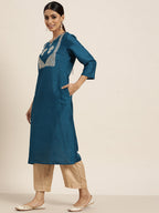 Sangria Women Teal Blue & Golden Ethnic Motifs Embroidered Sequinned Straight Kurta | Grocsy