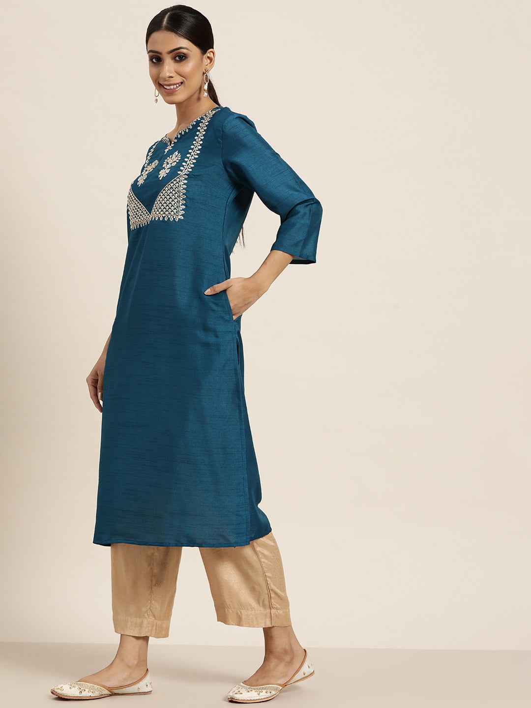 Sangria Women Teal Blue & Golden Ethnic Motifs Embroidered Sequinned Straight Kurta | Grocsy