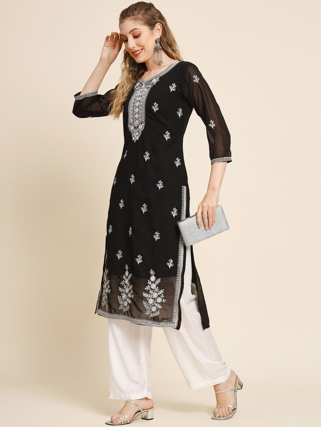 HERE&NOW Ethnic Motifs Embroidered Sequined Georgette Kurta | Grocsy