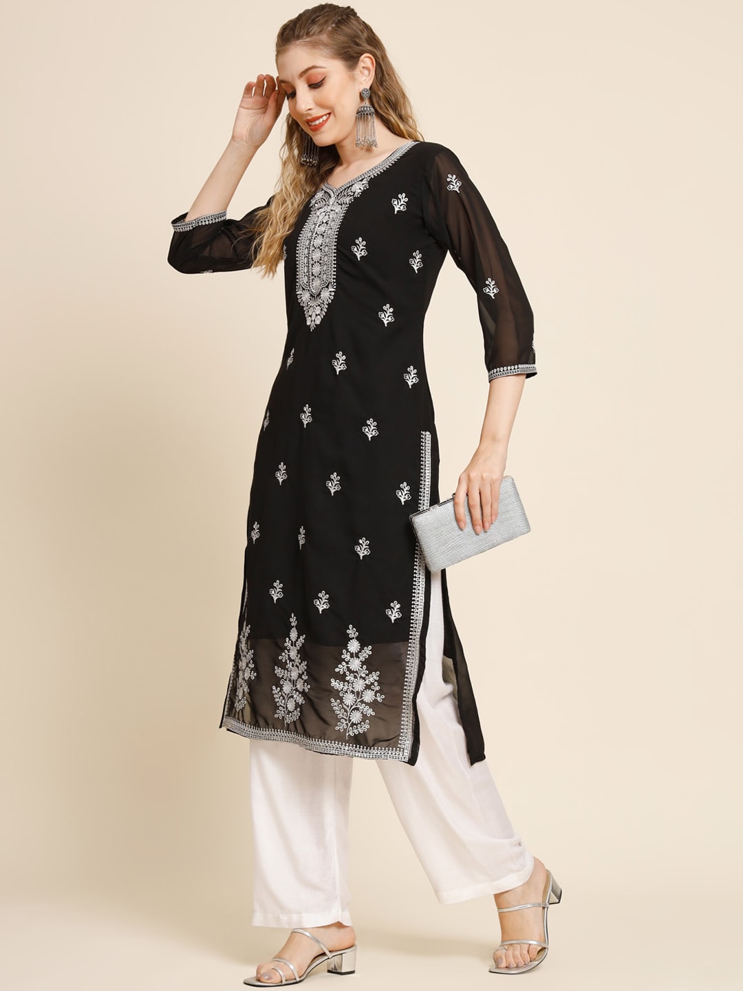HERE&NOW Ethnic Motifs Embroidered Sequined Georgette Kurta | Grocsy