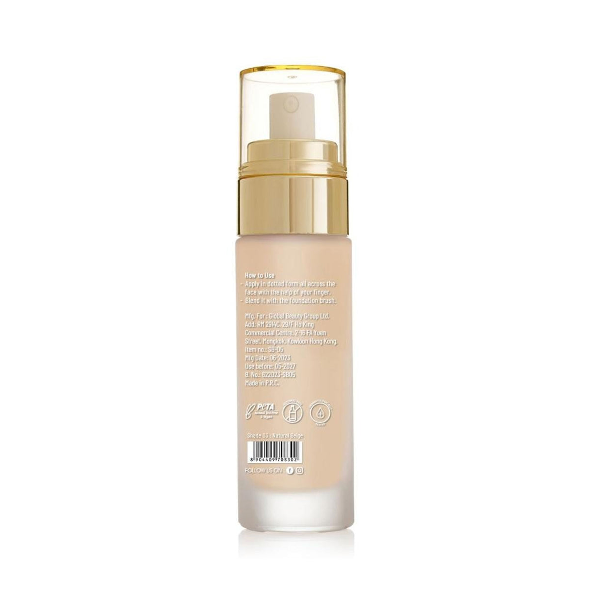 Swiss Beauty High Performance Foundation With Vitamin C & Niacinamide Light-Weight - 03 Natural Beige | Grocsy