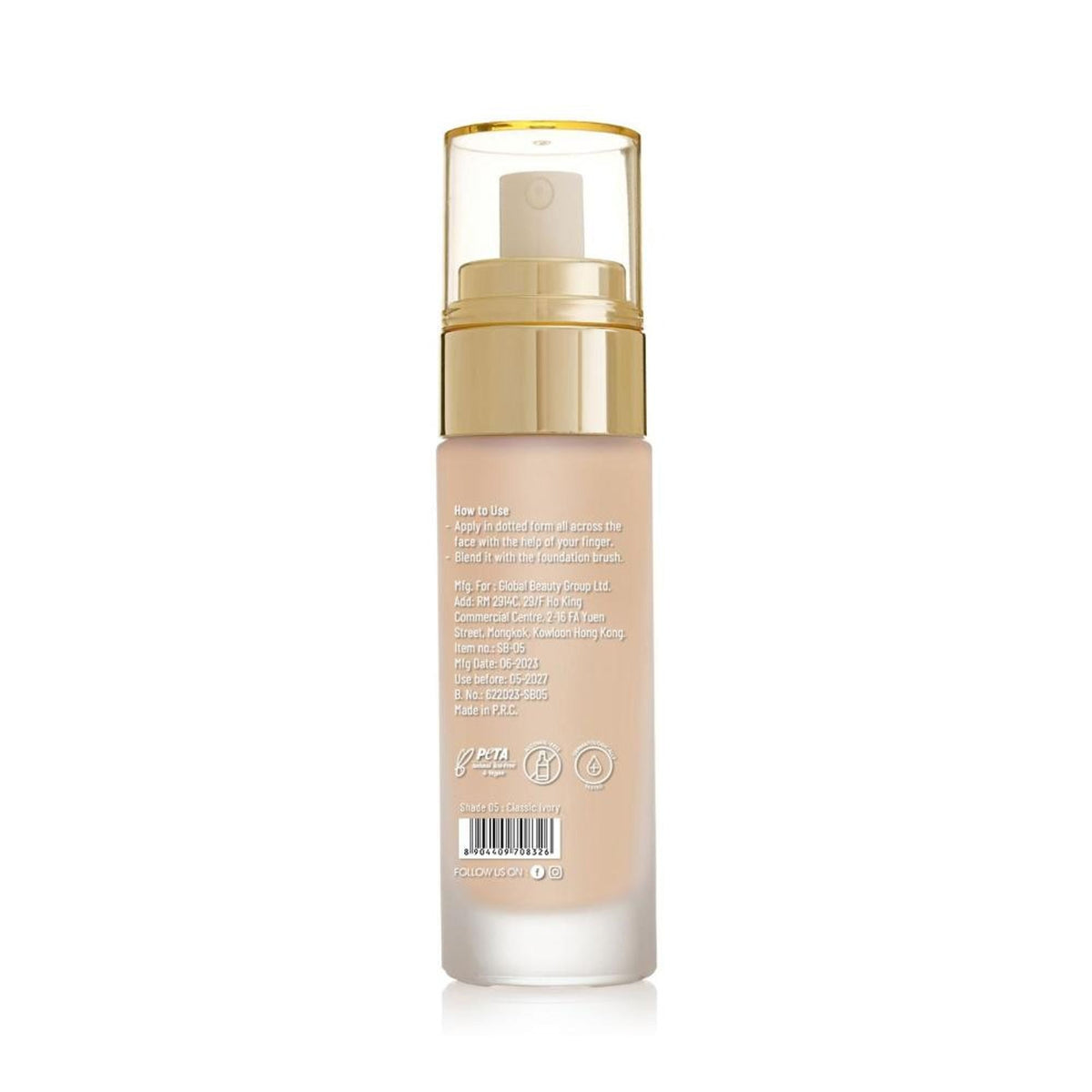 Swiss Beauty High Performance Foundation With Vitamin C & Niacinamide Light-Weight - 05 Classic Ivory | Grocsy