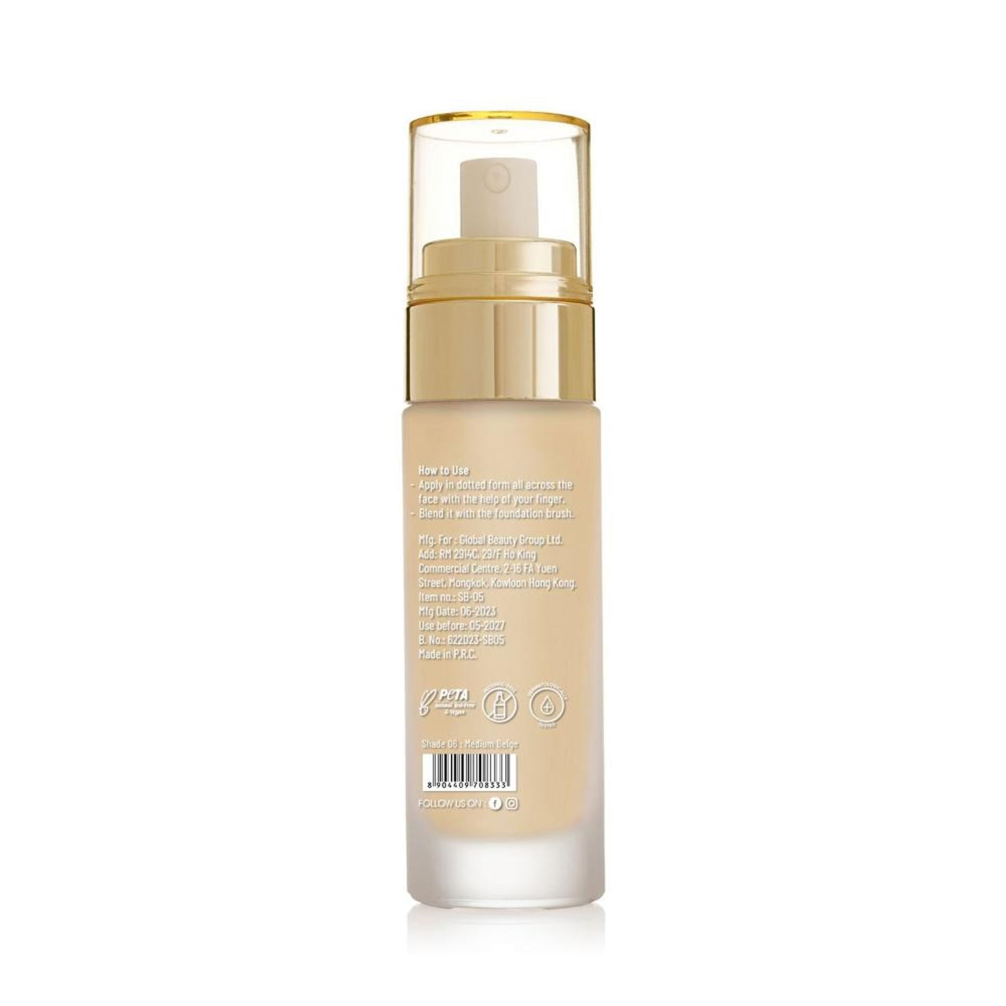 Swiss Beauty High Performance Foundation With Vitamin C & Niacinamide Light-Weight - 06 Medium Beige | Grocsy
