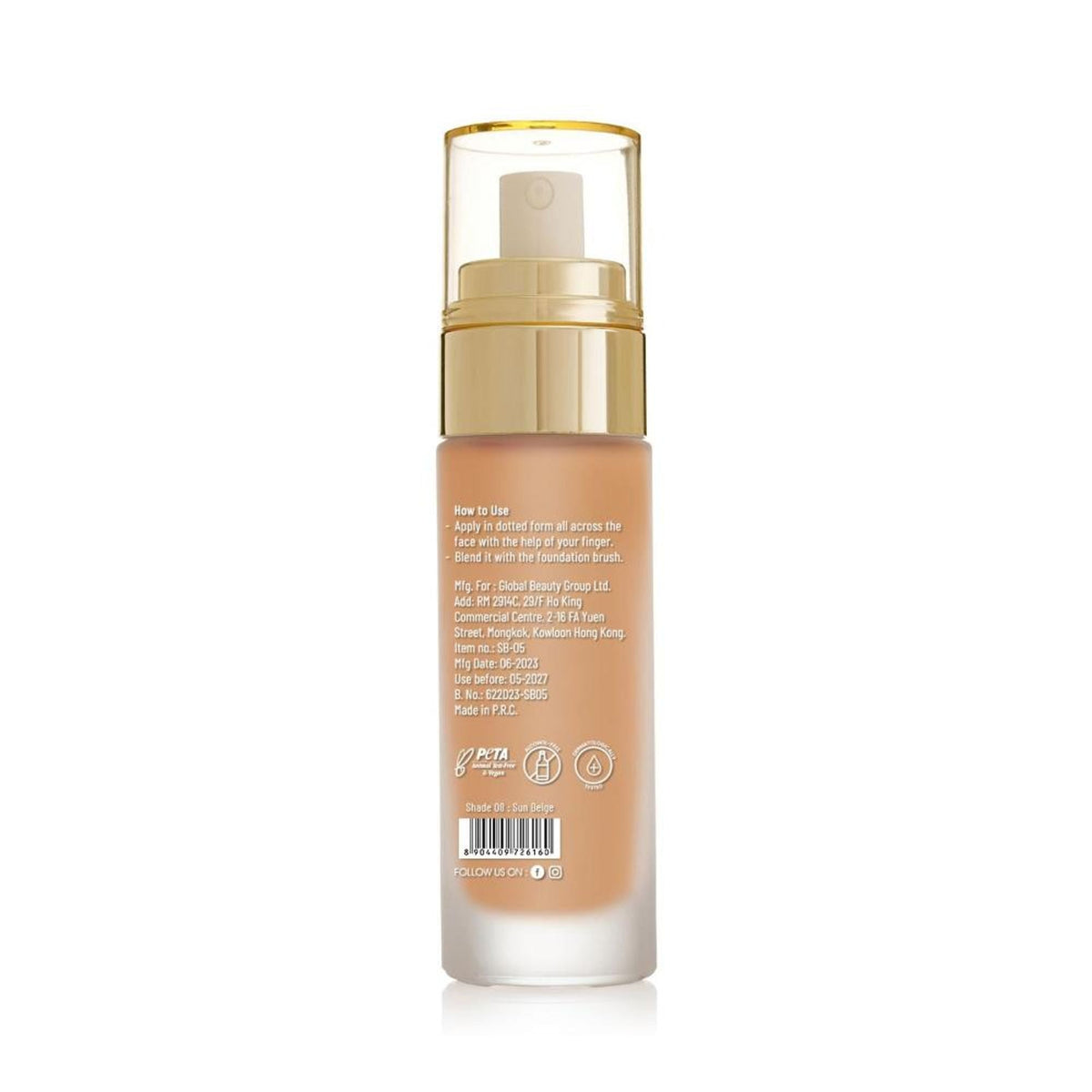 Swiss Beauty High Performance Foundation With Vitamin C & Niacinamide Light-Weight - 08 Sun Beige | Grocsy