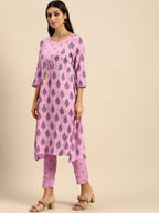 All About You Women Pink Ethnic Motifs Printed Empire Kurta with Trousers | Grocsy