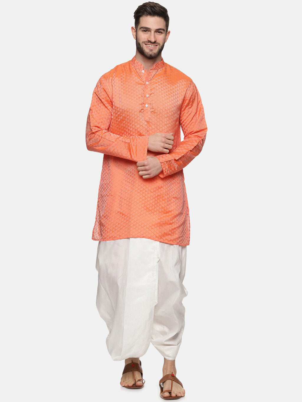 Sethukrishna Mens Orange Kurta with Dhoti Pants | Grocsy