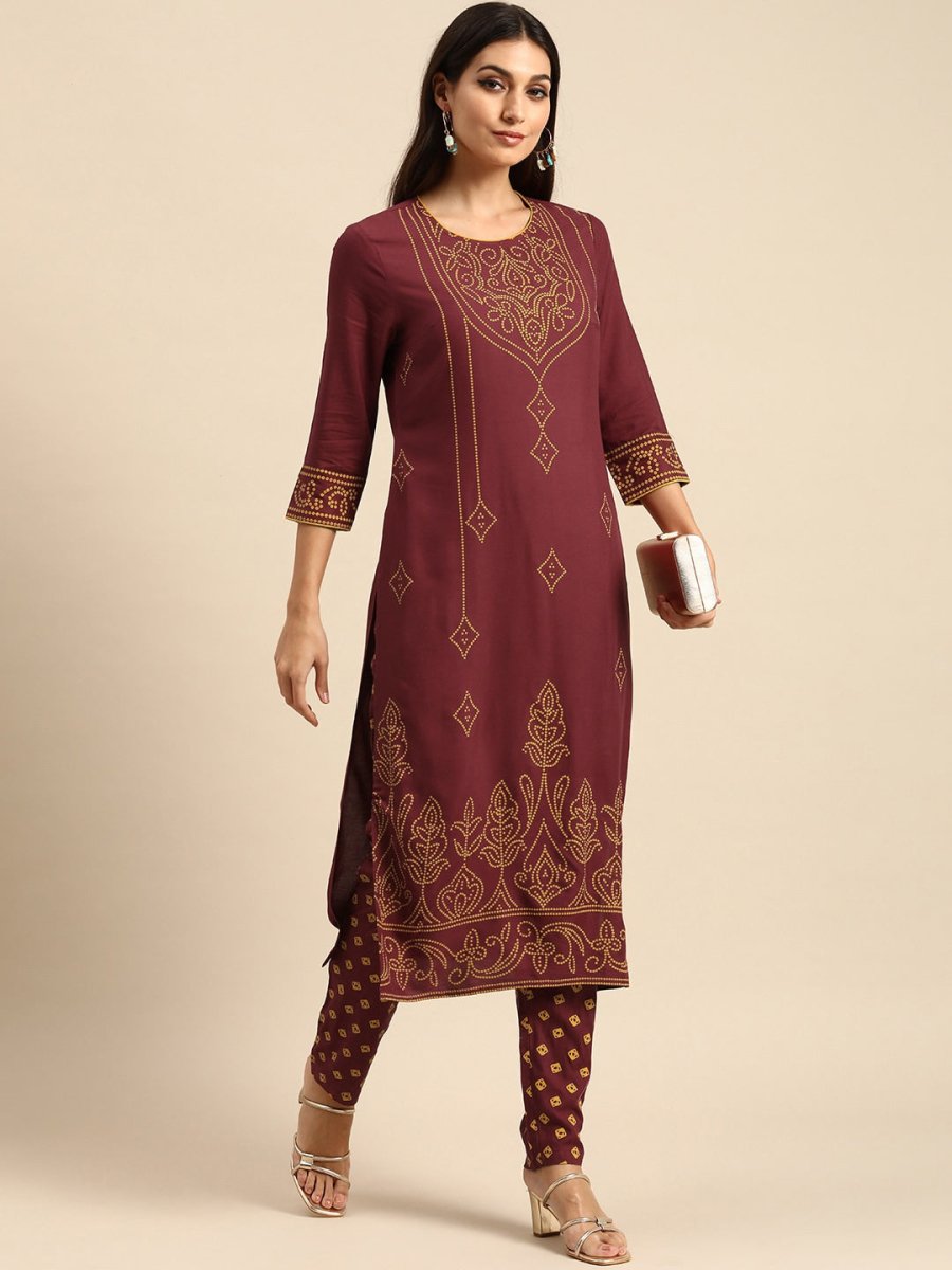 All About You Women Maroon Bandhani Printed Kurta with Trousers | Grocsy