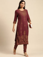 All About You Women Maroon Bandhani Printed Kurta with Trousers | Grocsy