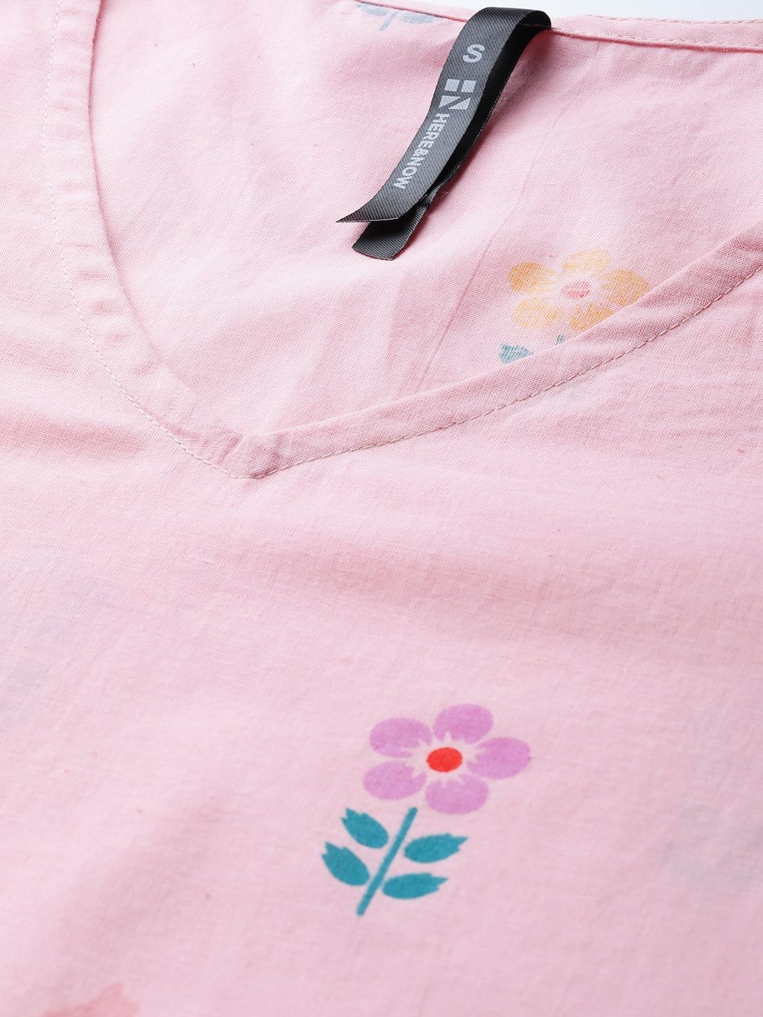 HERE&NOW Women Pink & Purple Floral Print Pure Cotton Straight Kurta | Grocsy