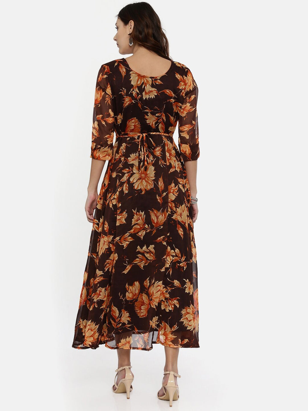 Souchii Brown & Orange Floral Printed Chiffon Maxi Dress | Grocsy
