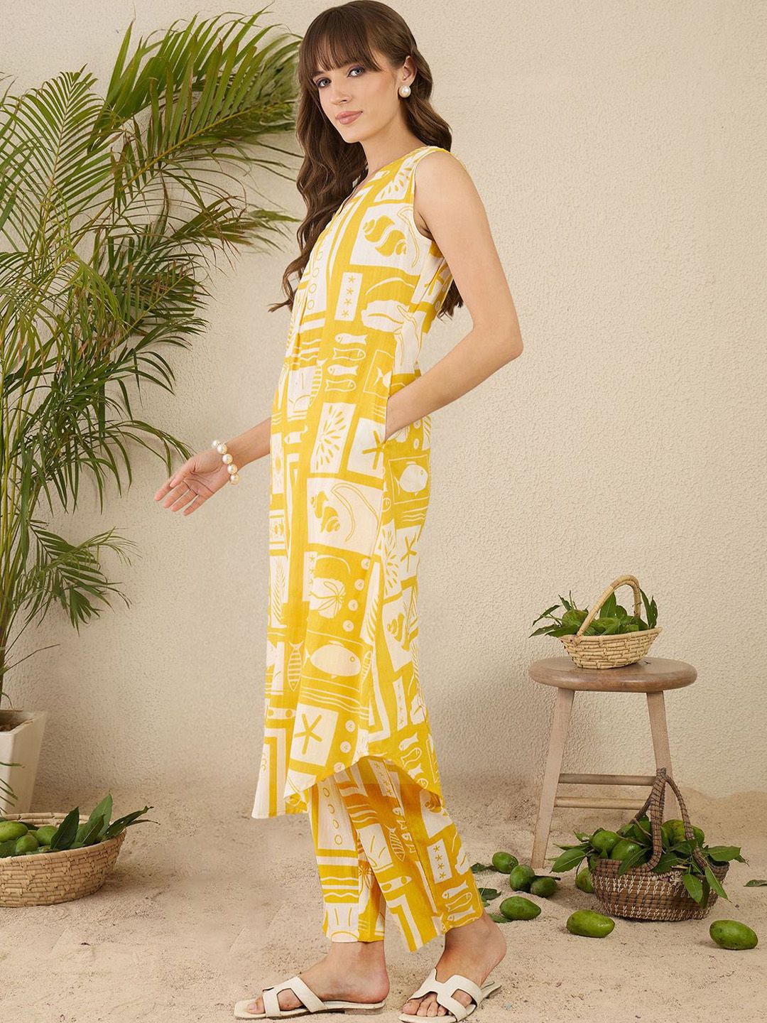Indo Era Women Ethnic Motifs Printed Pleated Pure Cotton Kurta with Trousers | Grocsy