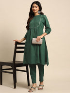 All About You Striped Pleated Sequinned Pure Cotton Kurta with Trousers | Grocsy