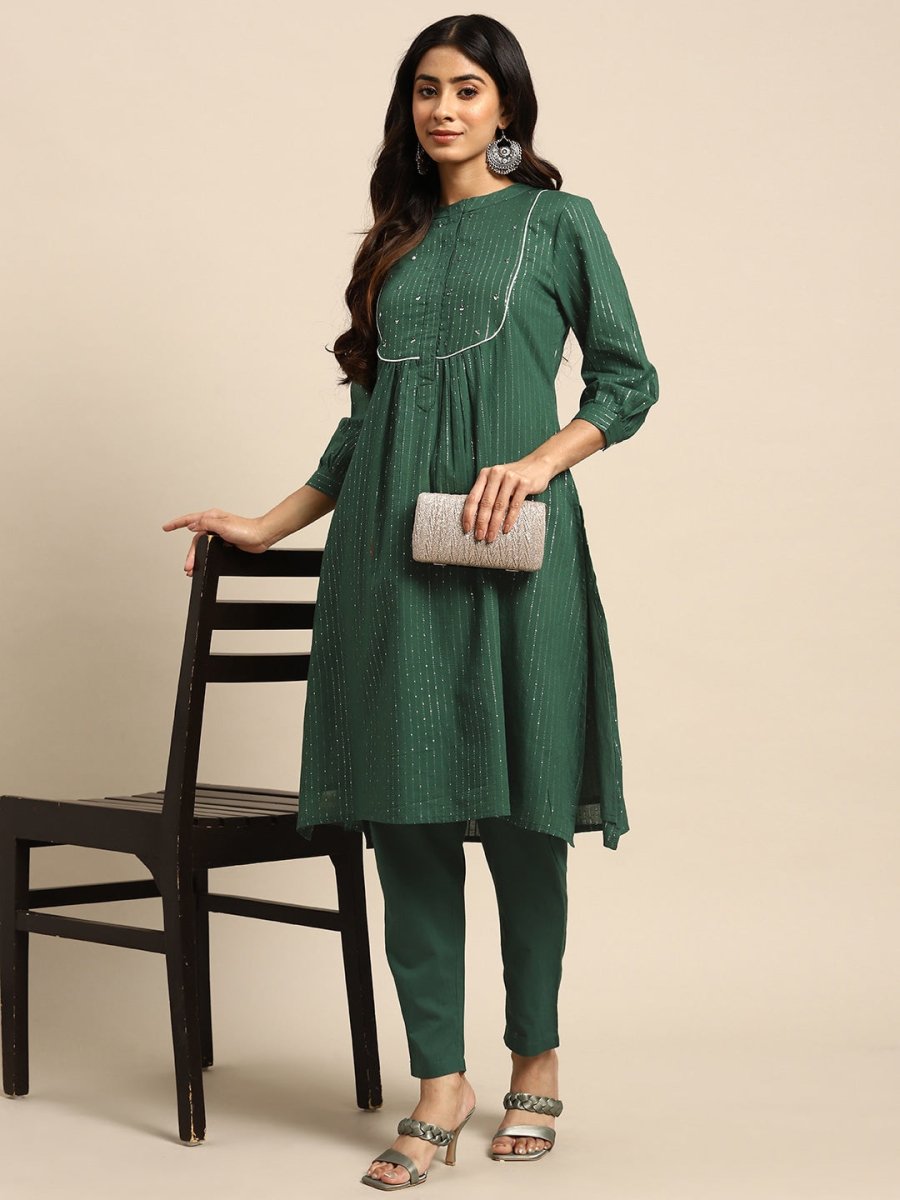 All About You Striped Pleated Sequinned Pure Cotton Kurta with Trousers | Grocsy