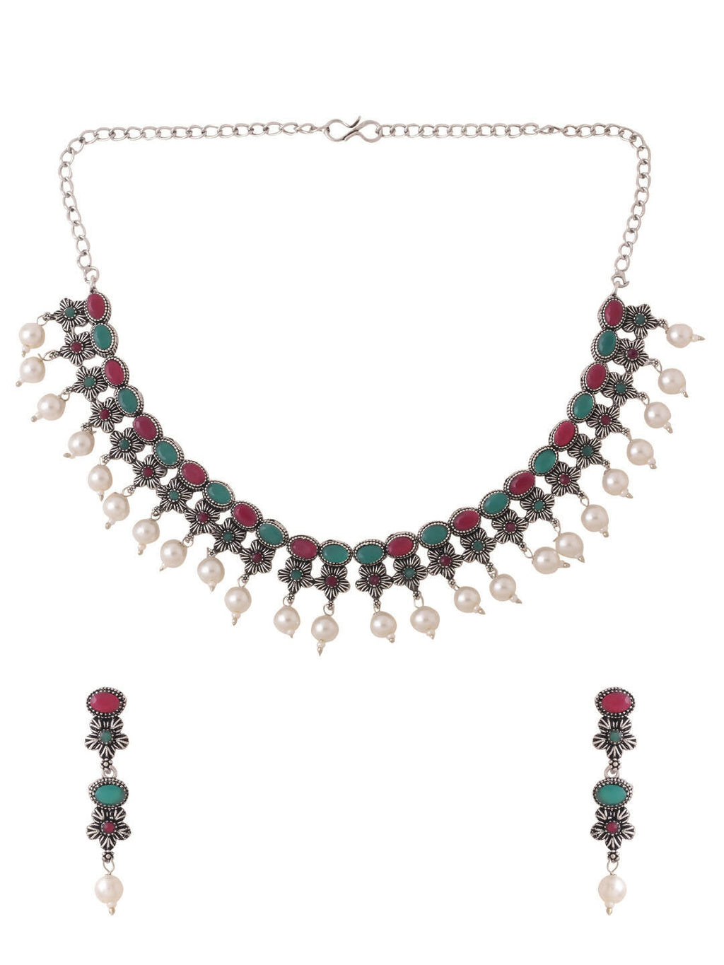 NVR Women Silver-Plated Stone Studded Oxidised Silver Jewellery Set | Grocsy
