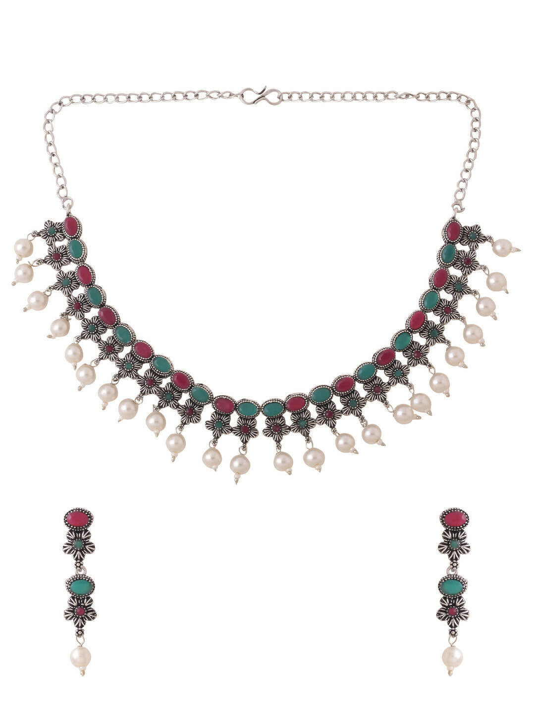 NVR Women Silver-Plated Stone Studded Oxidised Silver Jewellery Set | Grocsy