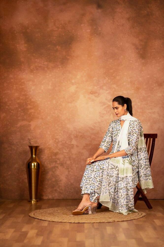 Joban Fashion Blue Hand Block Printed Cotton Suit Set | Grocsy