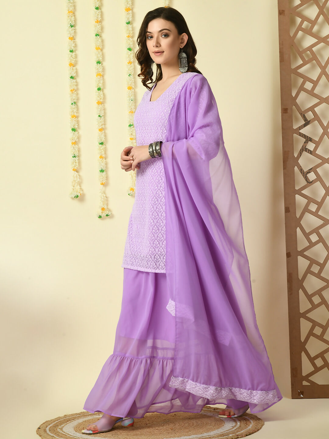 Myshka Women's Purple Georgette Kurti & Skirt With Dupatta Party Sets | Grocsy