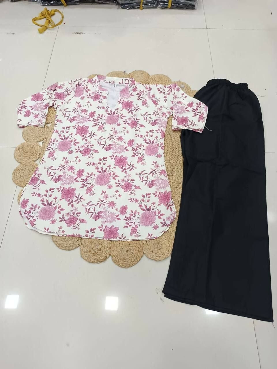 Teeya Creation Women White & Mauve Lotus Floral Printed Cotton Kurti with Black Palazzo Set | Grocsy