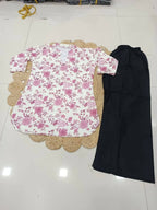 Teeya Creation Women White & Mauve Lotus Floral Printed Cotton Kurti with Black Palazzo Set | Grocsy
