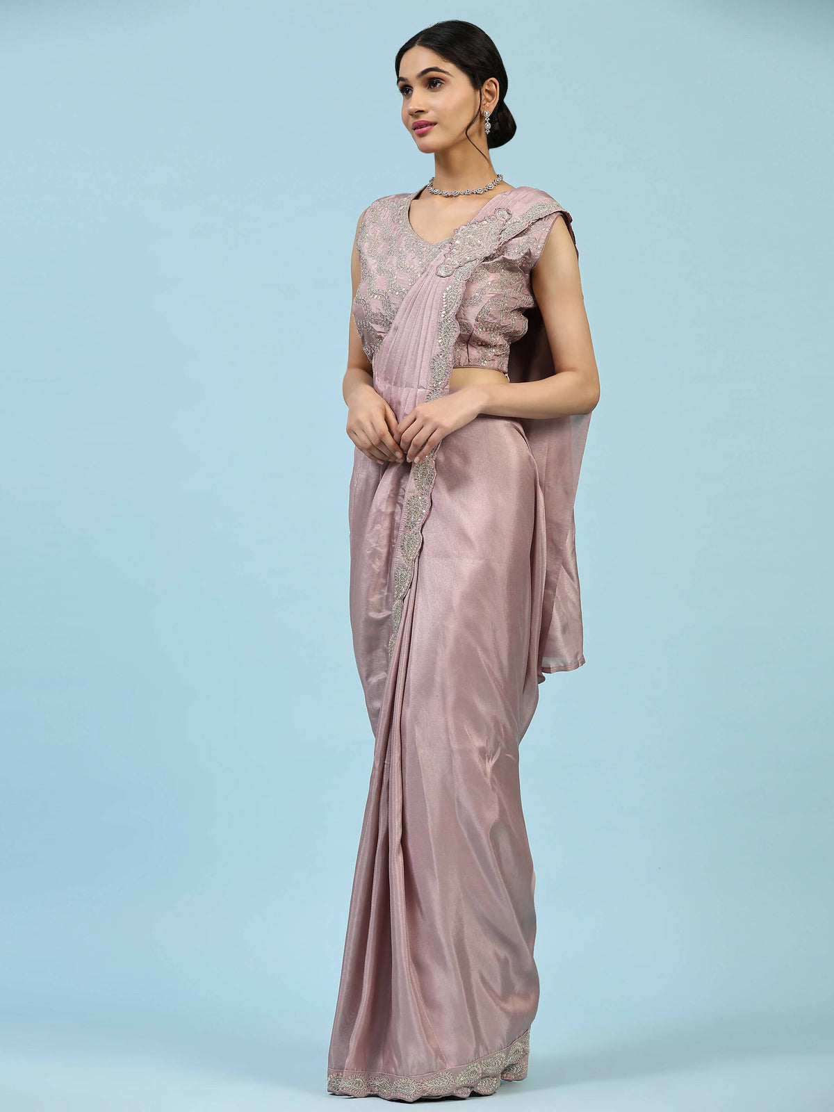 Lavendar Silk Satin Plain Ready to wear Saree with stitched Blouse - Vrinda | Grocsy
