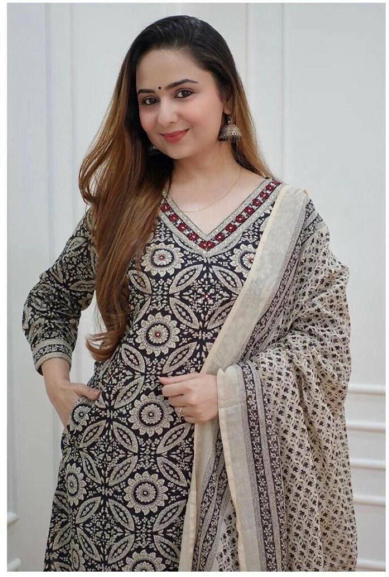 Alvano Anarkali Printed Kurti with Pant and Dupatta set for Women and Girls Rayon | Grocsy