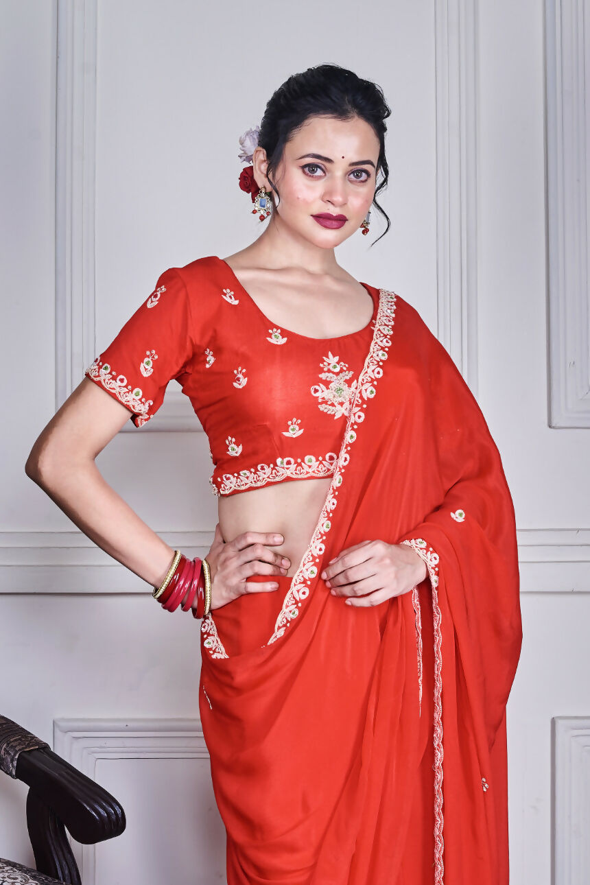 Morchari Red Chiffon Hand Embroidery Saree And Stitched Blouse | Grocsy