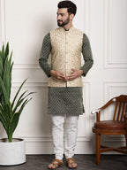 Sojanya Woven Design Mandarin Collar Kurta with Churidar & Nehru Jacket | Grocsy
