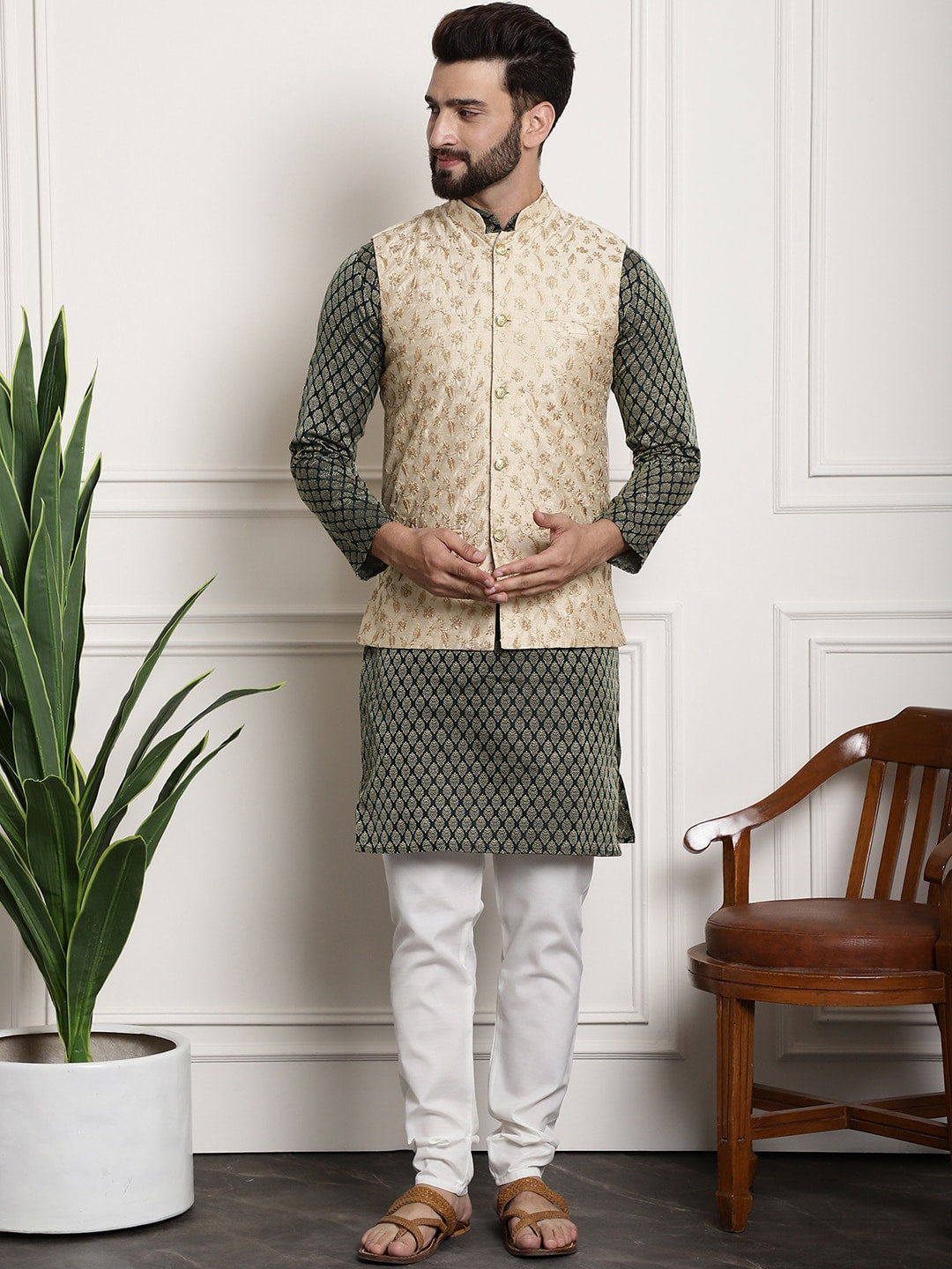 Sojanya Woven Design Mandarin Collar Kurta with Churidar & Nehru Jacket | Grocsy