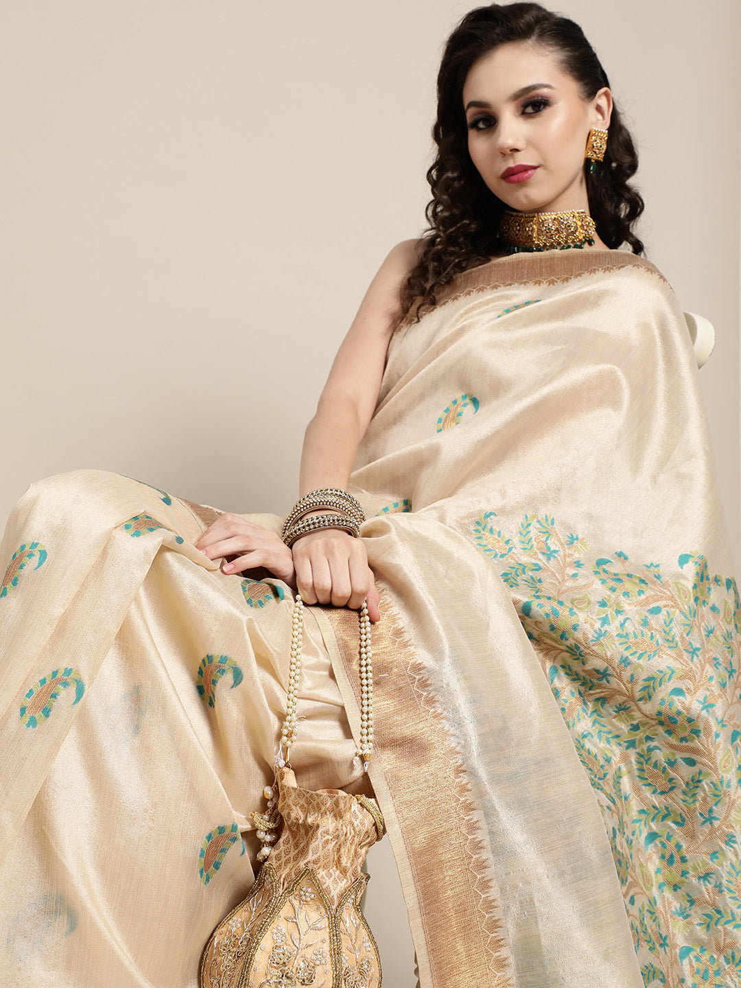 Saree Mall Saree Mall Rich Beige and Gold Silk Blend Saree | Grocsy