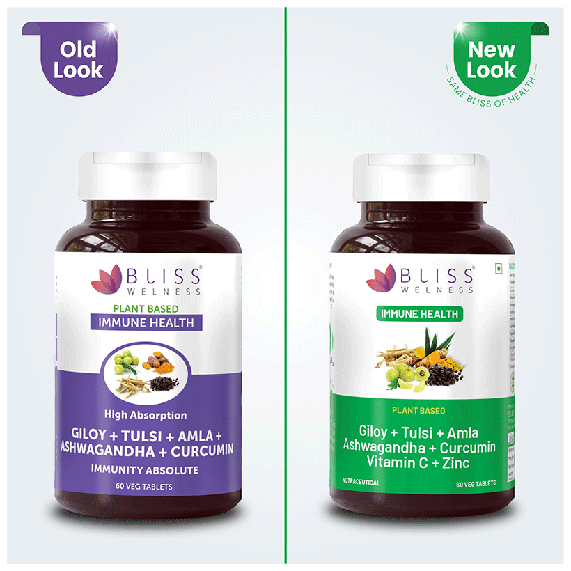 Bliss Welness Giloy + Tulsi + Amla + Ashwagandha + Curcumin Immunity Health Veg Tablet | Grocsy
